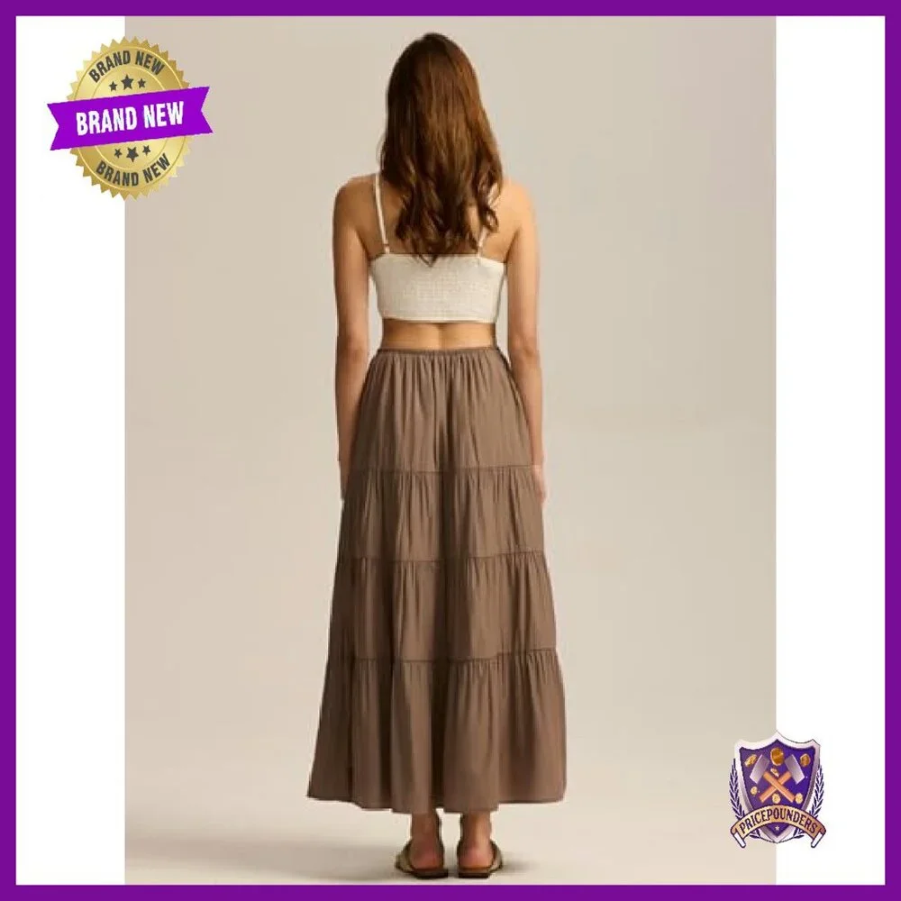 Maxi Skirt with Lining Elastic Waist Drawstring Tiered A-Line Flowy - Picture 4 of 8